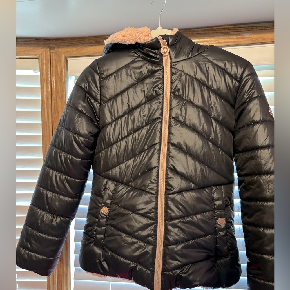 Black & rose gold Michael Kors girls winter coat, pink sheepskin lining, size 16
